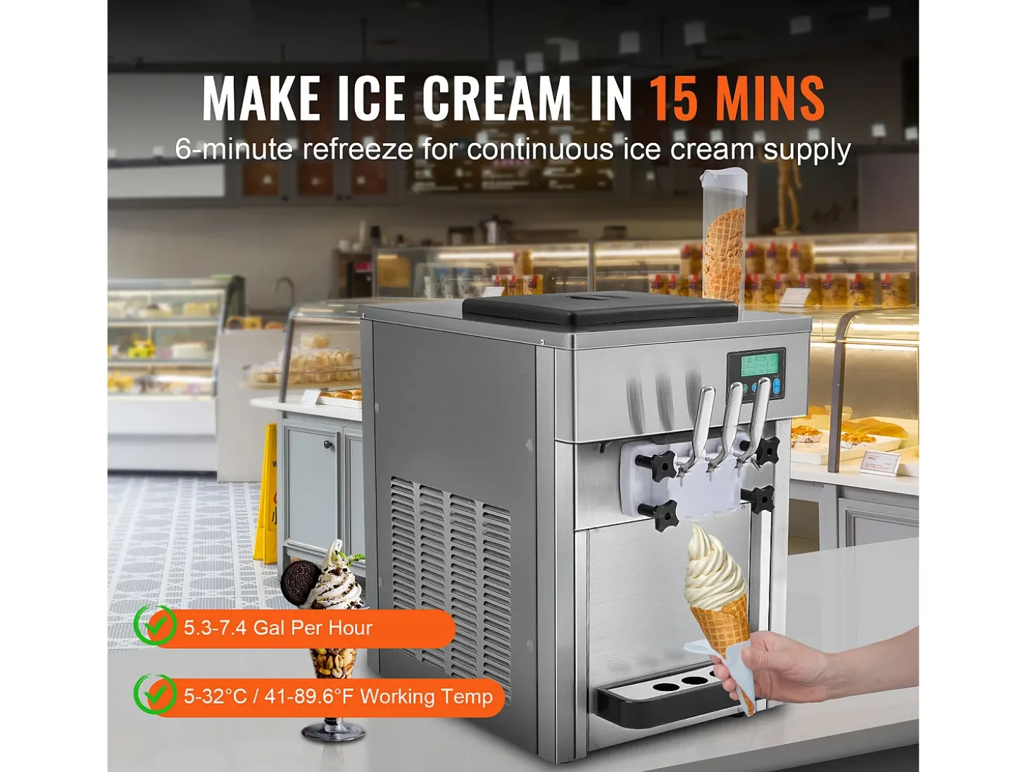 Máquina de Helado Blando SucceBuy, 20 L/h 1800 W 3 Sabores, Limpieza Automática, para Café Snack-Bar Restaurante Supermercado