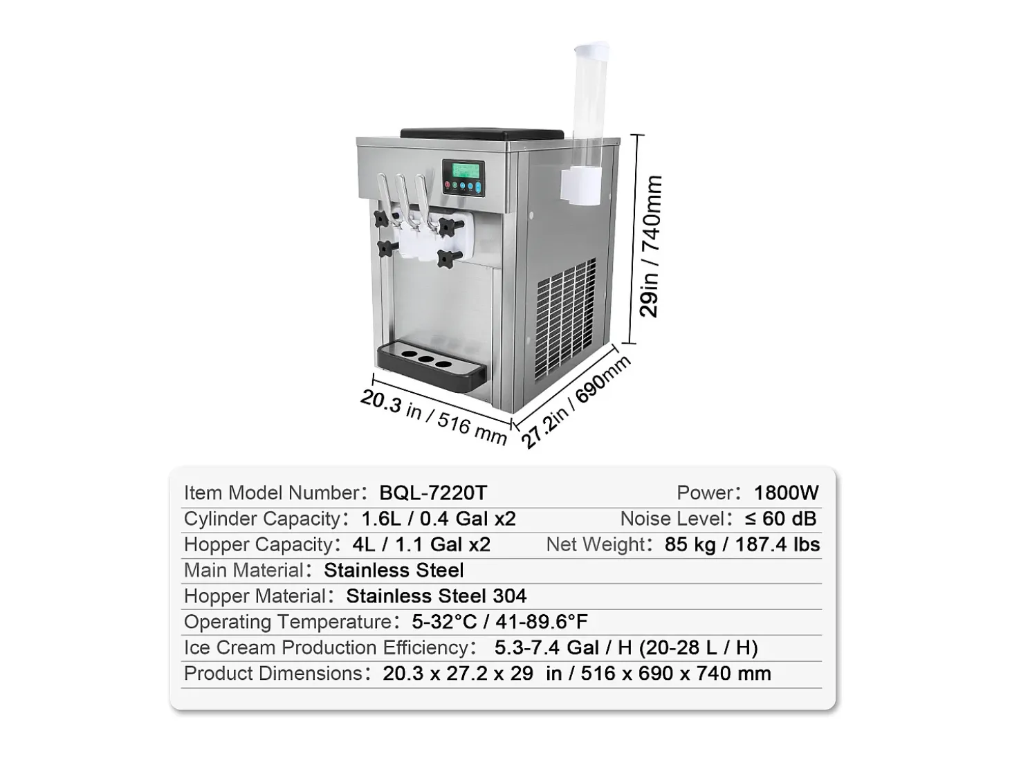Máquina de Helado Blando SucceBuy, 20 L/h 1800 W 3 Sabores, Limpieza Automática, para Café Snack-Bar Restaurante Supermercado