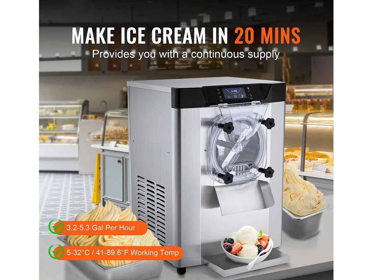 Máquina de Helado SucceBuy, 12 L/h, 1295 W, Pre-enfriamiento Automático, Panel LED, para Snack-bars