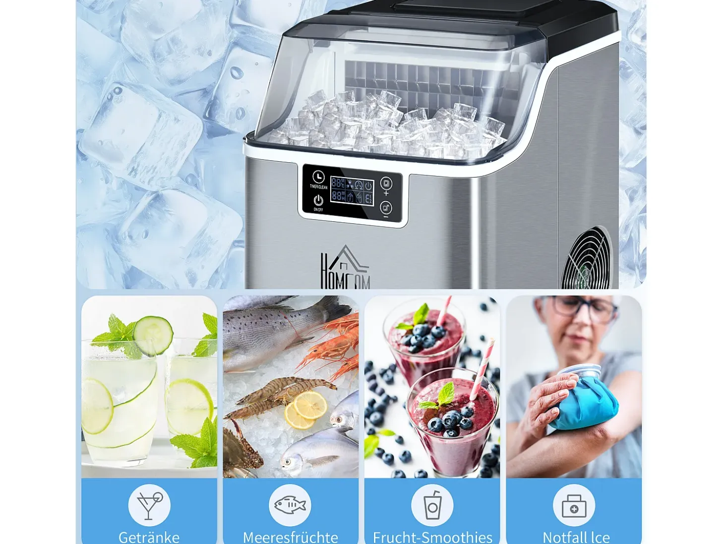 Máquina de hielo, 20 kg/24h, depósito de 3,2 L, con programa de autolimpieza, acero inoxidable, color plata (36x25,2x37,1 cm)