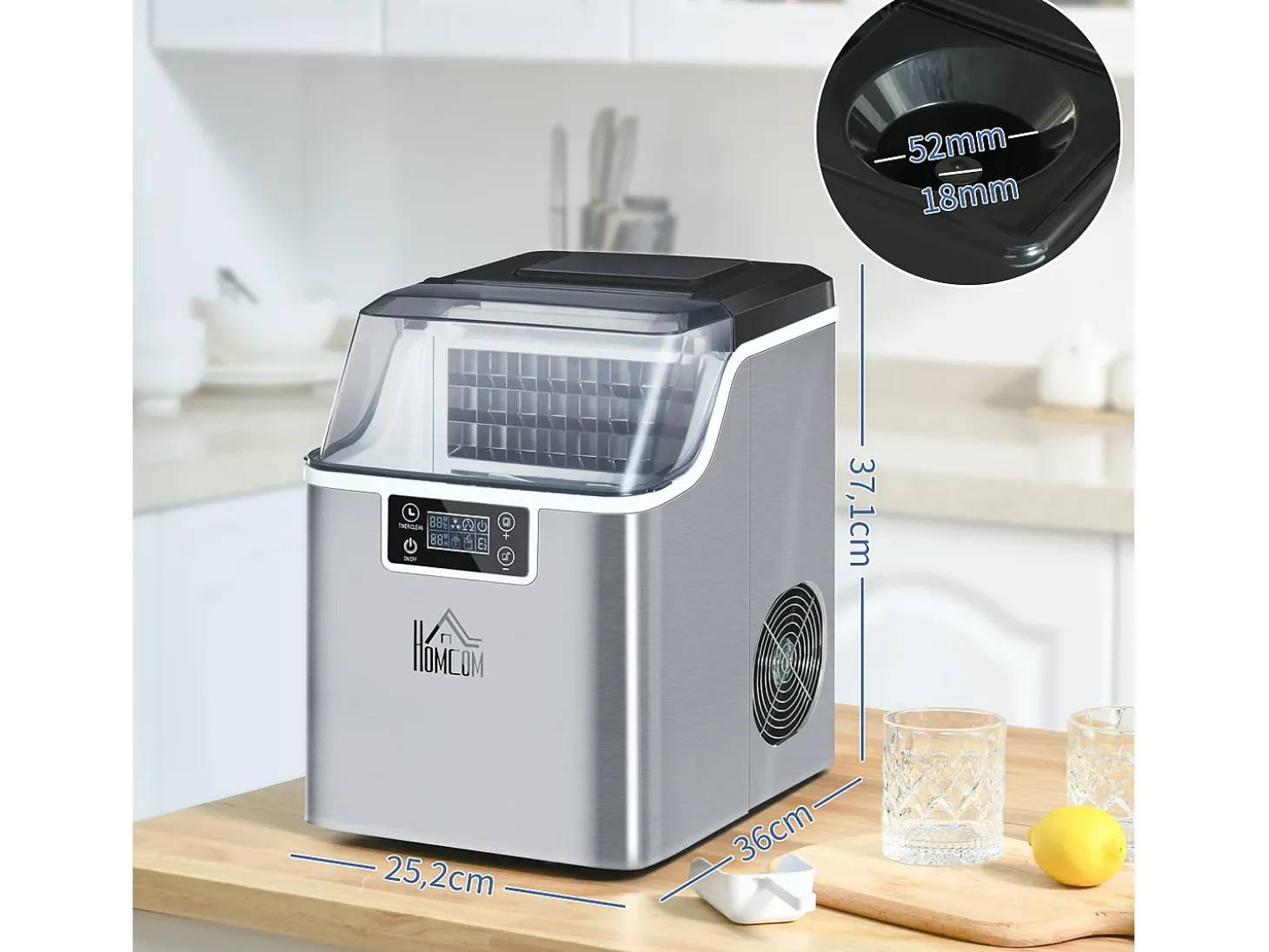 Máquina de hielo, 20 kg/24h, depósito de 3,2 L, con programa de autolimpieza, acero inoxidable, color plata (36x25,2x37,1 cm)