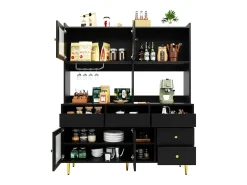 Mueble alto de comedor negro/dorado (145x39x171cm) con puertas de cristal perforado y botellero