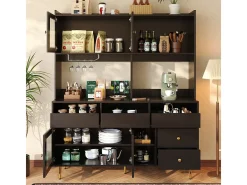 Mueble alto de comedor negro/dorado (145x39x171cm) con puertas de cristal perforado y botellero