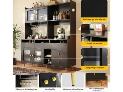 Mueble alto de comedor negro/dorado (145x39x171cm) con puertas de cristal perforado y botellero