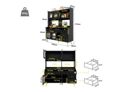 Mueble alto de comedor negro/dorado (145x39x171cm) con puertas de cristal perforado y botellero