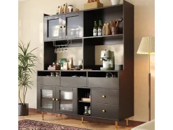 Mueble alto de comedor negro/dorado (145x39x171cm) con puertas de cristal perforado y botellero