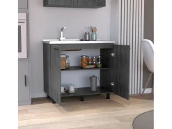 Mueble bajo Napoles en melamina con 2 estantes , 2 puertas y encimera de acero inoxidable , gris , 89 cm X 100 cm X 52.5 cm