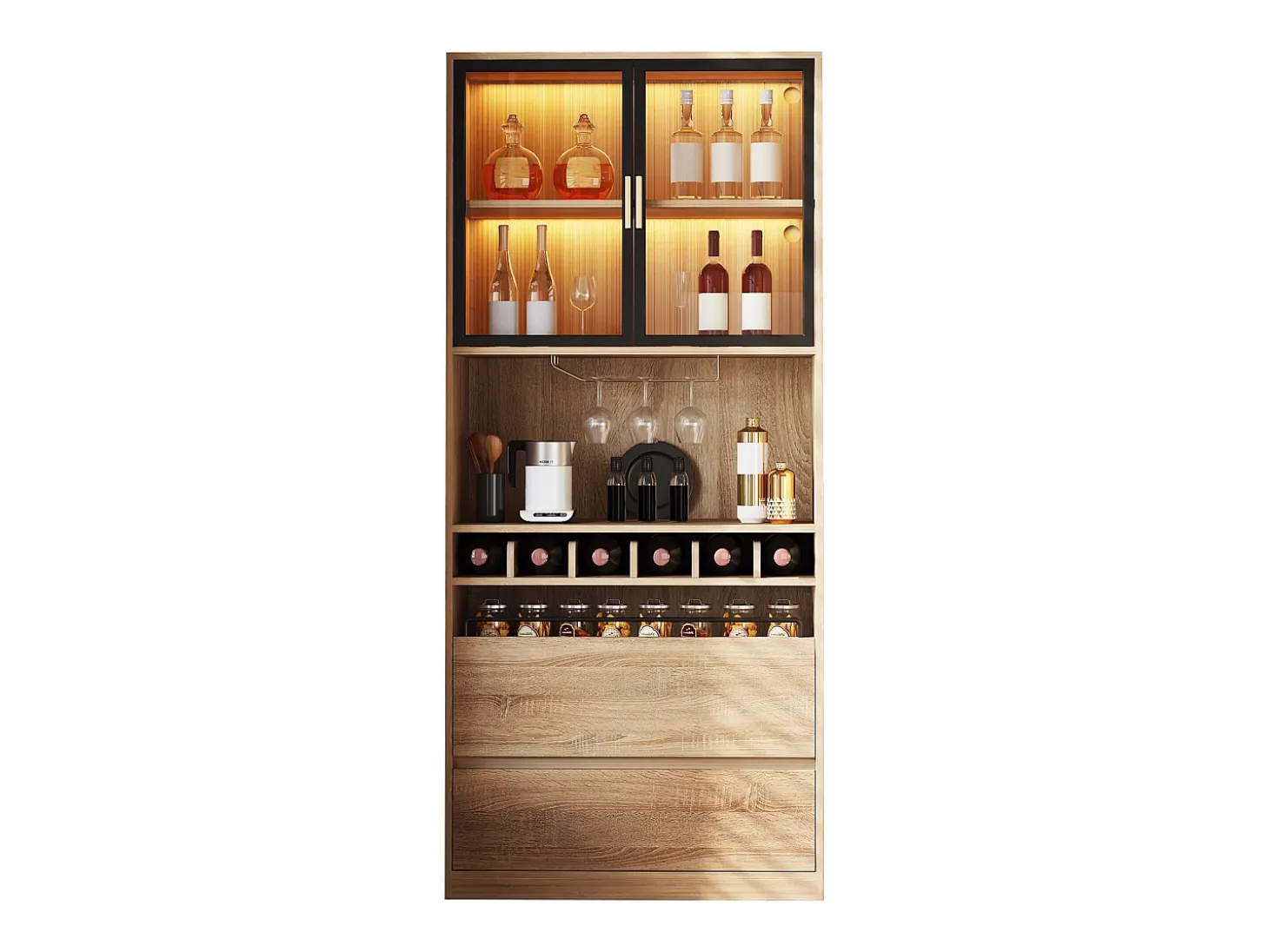 Mueble bar - 80 x 40 x 180 cm - con 2 puertas de cristal + LED + 2 puertas de madera - MDF - natural