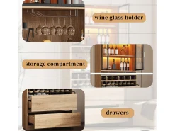 Mueble bar - 80 x 40 x 180 cm - con 2 puertas de cristal + LED + 2 puertas de madera - MDF - natural