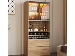 Mueble bar - 80 x 40 x 180 cm - con 2 puertas de cristal + LED + 2 puertas de madera - MDF - natural