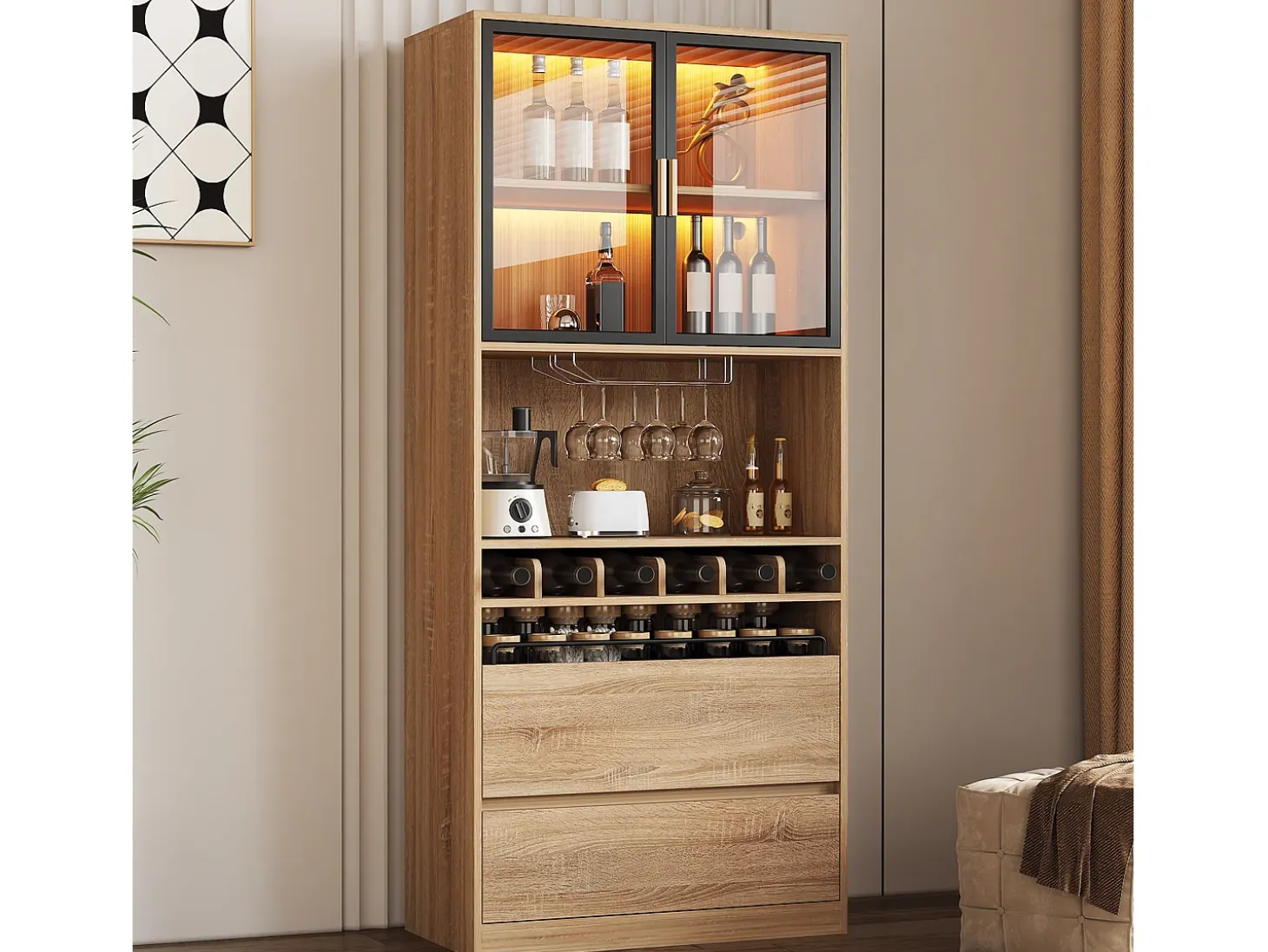 Mueble bar - 80 x 40 x 180 cm - con 2 puertas de cristal + LED + 2 puertas de madera - MDF - natural