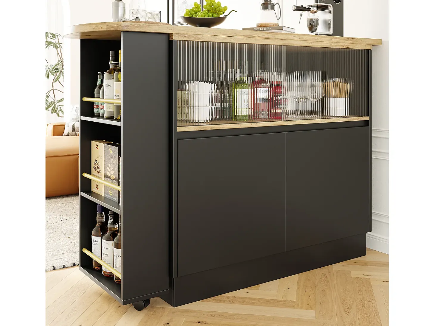 Mueble bar de 2 puertas - Mueble bar extensible con 2 puertas corredizas de vidrio y estantes abiertos - negro
