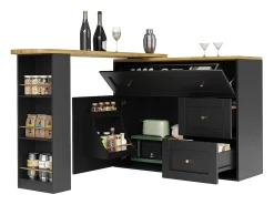 Mueble bar extensible - 138-204 x 39 x 105 cm - con estante snack + 2 cajones + 2 puertas - MDF + Metal - negro