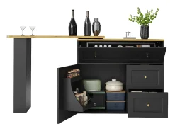 Mueble bar extensible - 138-204 x 39 x 105 cm - con estante snack + 2 cajones + 2 puertas - MDF + Metal - negro