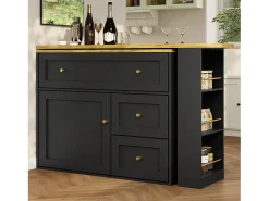 Mueble bar extensible - 138-204 x 39 x 105 cm - con estante snack + 2 cajones + 2 puertas - MDF + Metal - negro