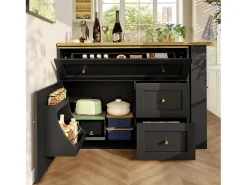 Mueble bar extensible - 138-204 x 39 x 105 cm - con estante snack + 2 cajones + 2 puertas - MDF + Metal - negro