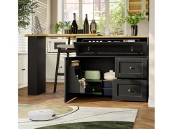 Mueble bar extensible - 138-204 x 39 x 105 cm - con estante snack + 2 cajones + 2 puertas - MDF + Metal - negro
