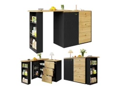 Mueble bar extensible - 138-204 x 39 x 104 cm - Mesa de comedor giratoria 360° - con 1 puerta + 3 cajones - MDF - negro