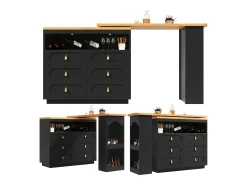 Mueble bar extensible con rotación de 360° - Longitud ajustable - con 6 cajones - MDF - negro