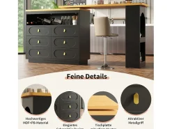 Mueble bar extensible con rotación de 360° - Longitud ajustable - con 6 cajones - MDF - negro