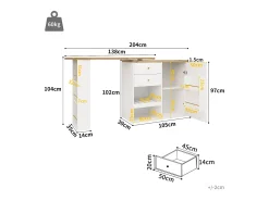 Mueble bar giratorio 360° - 204 x 39 x 104 cm - con 2 cajones + mueble con puertas - MDF - blanco