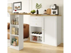 Mueble bar giratorio 360° - 204 x 39 x 104 cm - con 2 cajones + mueble con puertas - MDF - blanco