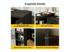 Mueble Bar Giratorio - 3 Puertas y Estantes de Almacenamiento - Madera MDF y Vidrio - Para Comedor o Sala - Negro