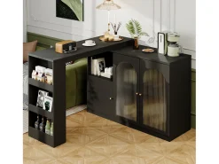 Mueble Bar Giratorio - 3 Puertas y Estantes de Almacenamiento - Madera MDF y Vidrio - Para Comedor o Sala - Negro