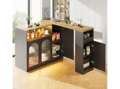 Mueble Bar Giratorio - 4 Puertas y Estantes de Almacenamiento - LEDs - Madera MDF - Negro y Natural