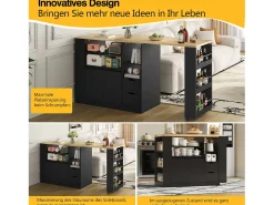 Mueble bar giratorio - 115 x 50 x 92 cm - con estantes + 2 cajones + mesa extensible - MDF - negro + natural