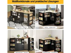 Mueble bar giratorio - 115 x 50 x 92 cm - con estantes + 2 cajones + mesa extensible - MDF - negro + natural