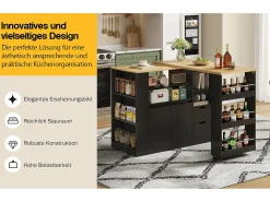 Mueble bar giratorio - 115 x 50 x 92 cm - con estantes + 2 cajones + mesa extensible - MDF - negro + natural