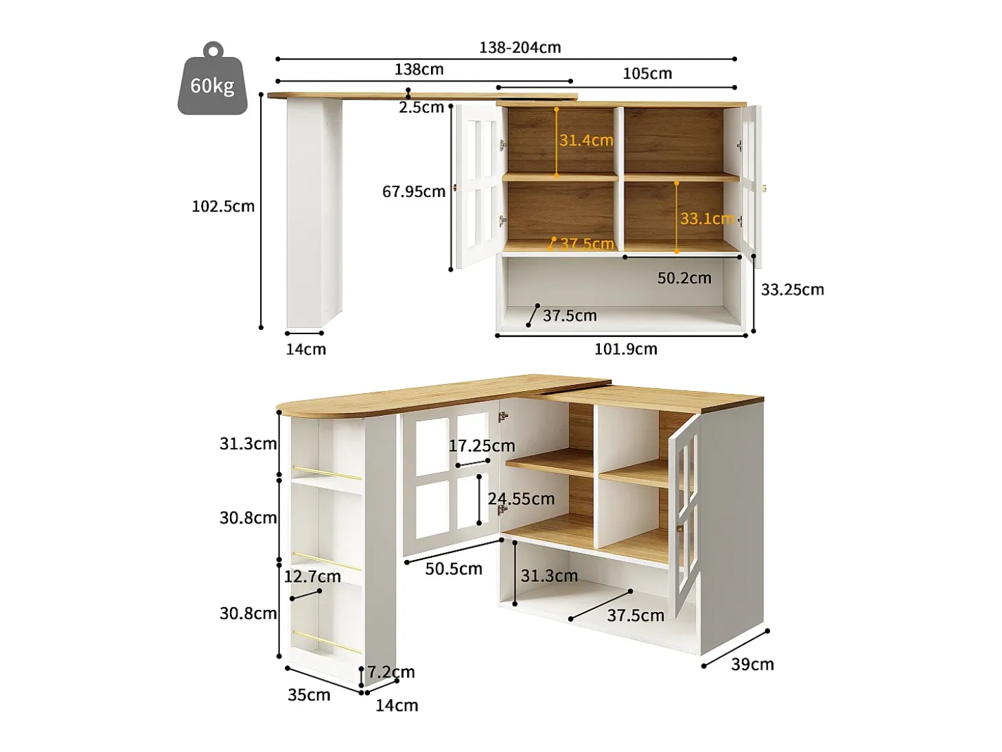 Mueble bar giratorio - 204 x 39 x 102,5 cm - con 4 compartimentos de almacenaje + 2 puertas - MDF - blanco