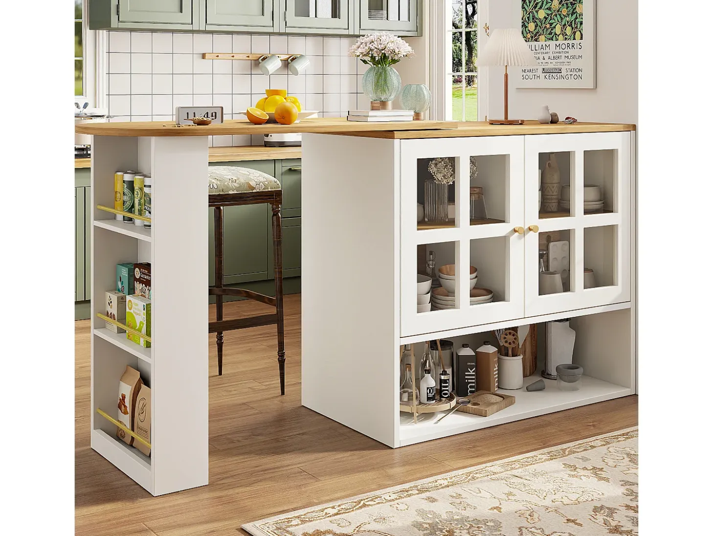 Mueble bar giratorio - 204 x 39 x 102,5 cm - con 4 compartimentos de almacenaje + 2 puertas - MDF - blanco