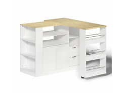 Mueble bar giratorio - 115 x 50 x 92 cm - con estantes + 2 cajones + mesa extensible - MDF - blanco + natural