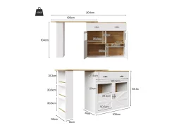 Mueble bar giratorio - Mesa de bar extensible con 1 cajones y 2 puerta de cristal - almacenamiento abierto - blanco