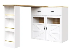 Mueble bar giratorio - Mesa de bar extensible con 1 cajones y 2 puerta de cristal - almacenamiento abierto - blanco