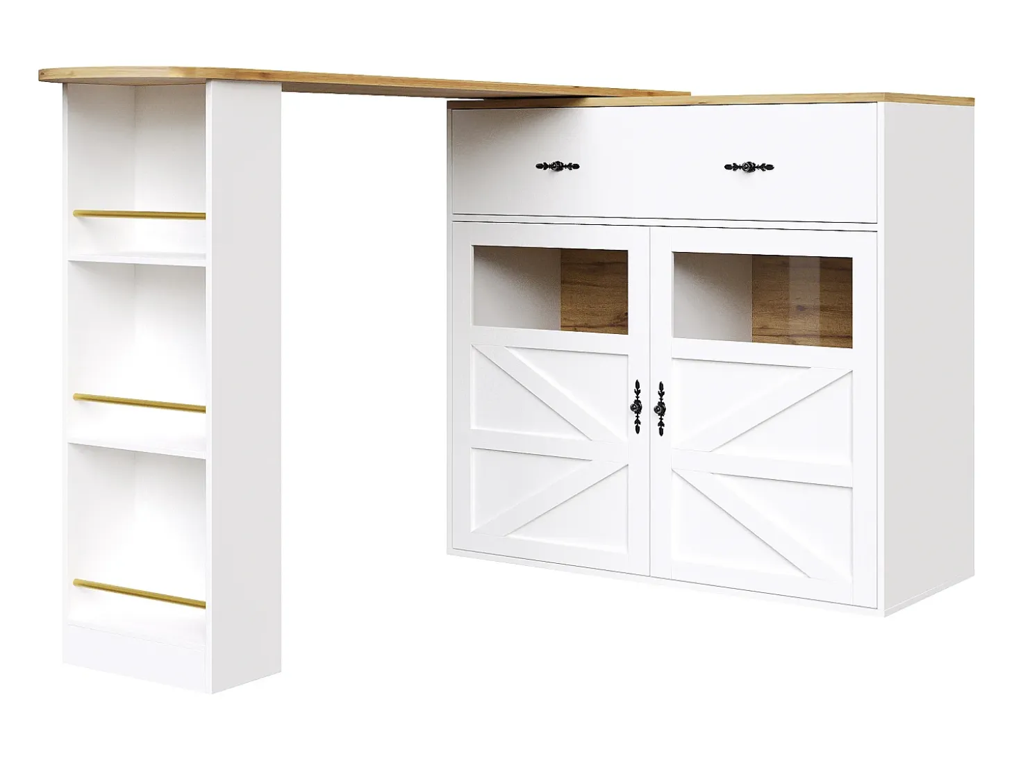 Mueble bar giratorio - Mesa de bar extensible con 1 cajones y 2 puerta de cristal - almacenamiento abierto - blanco