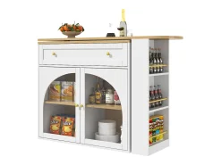 Mueble bar giratorio - Mesa de bar extensible con 1 cajones y 2 puerta de cristal - almacenamiento abierto - blanco