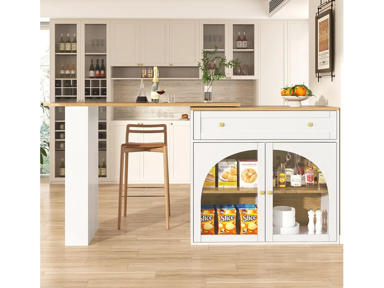 Mueble bar giratorio - Mesa de bar extensible con 1 cajones y 2 puerta de cristal - almacenamiento abierto - blanco