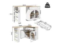 Mueble bar giratorio - Mesa de bar extensible con 1 cajones y 2 puerta de cristal - almacenamiento abierto - blanco