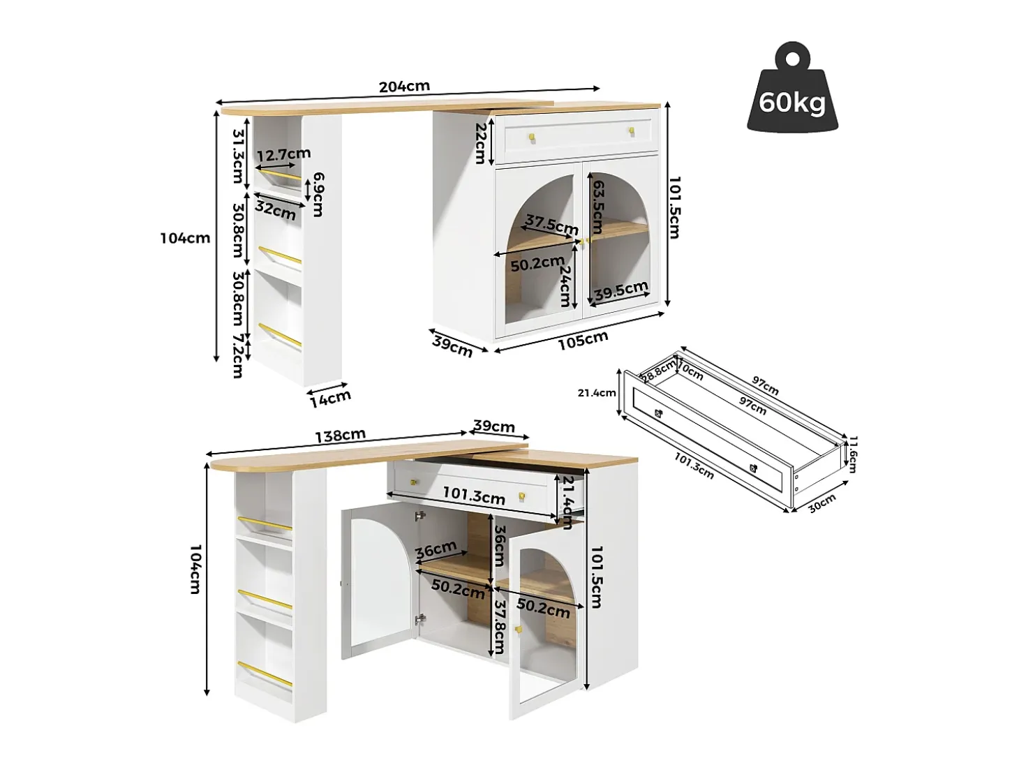 Mueble bar giratorio - Mesa de bar extensible con 1 cajones y 2 puerta de cristal - almacenamiento abierto - blanco
