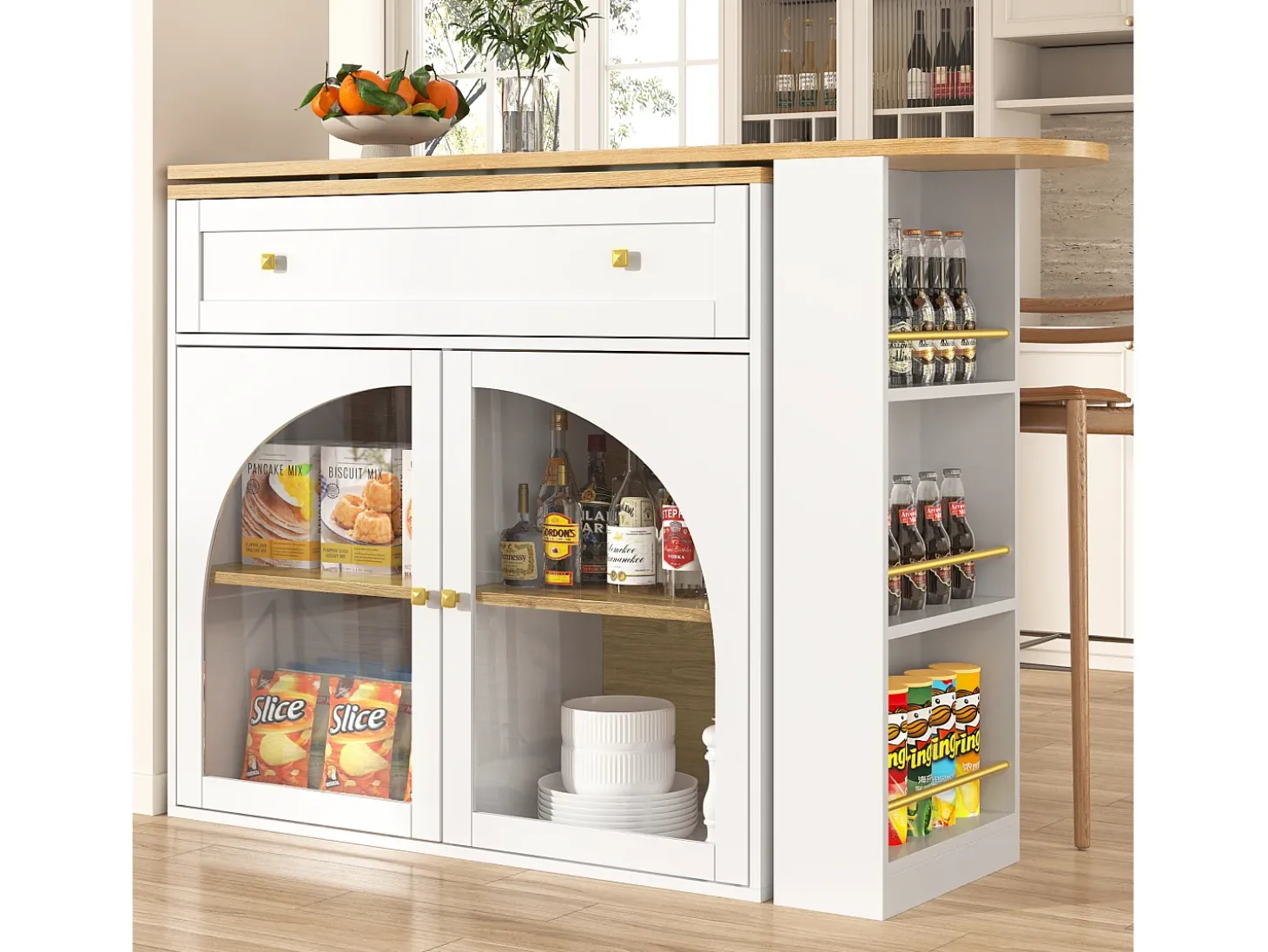 Mueble bar giratorio - Mesa de bar extensible con 1 cajones y 2 puerta de cristal - almacenamiento abierto - blanco