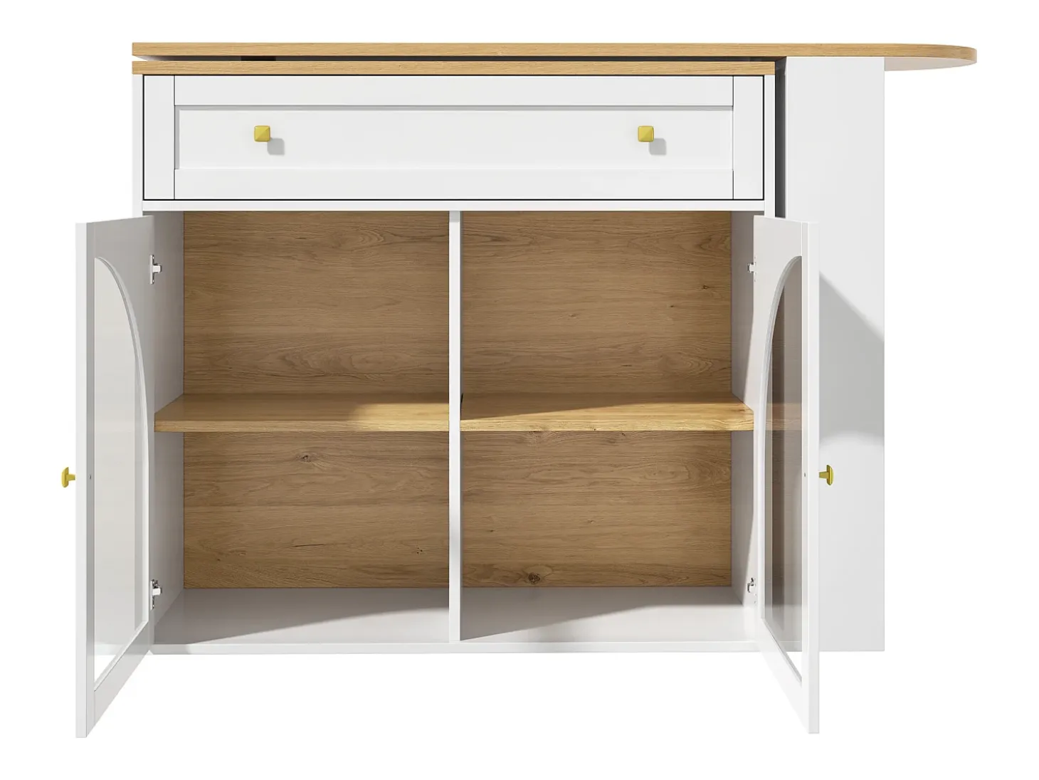 Mueble bar giratorio - Mesa de bar extensible con 1 cajones y 2 puerta de cristal - almacenamiento abierto - blanco