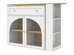 Mueble bar giratorio - Mesa de bar extensible con 1 cajones y 2 puerta de cristal - almacenamiento abierto - blanco