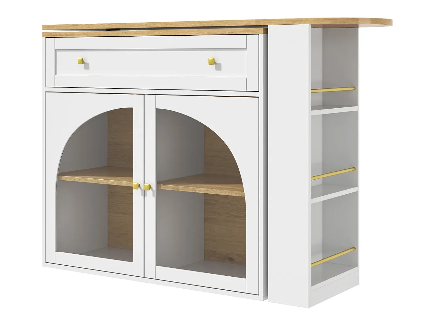 Mueble bar giratorio - Mesa de bar extensible con 1 cajones y 2 puerta de cristal - almacenamiento abierto - blanco