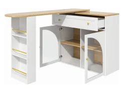 Mueble bar giratorio - Mesa de bar extensible con 1 cajones y 2 puerta de cristal - almacenamiento abierto - blanco