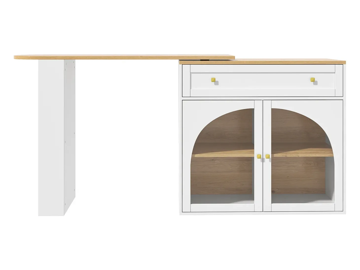 Mueble bar giratorio - Mesa de bar extensible con 1 cajones y 2 puerta de cristal - almacenamiento abierto - blanco