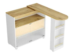 Mueble bar giratorio - Mesa de bar extensible con iluminación LED y puerta corrediza de cristal - 4 compartimentos abiertos - blanco