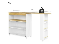 Mueble bar giratorio - Mesa de bar extensible con iluminación LED y puerta corrediza de cristal - 4 compartimentos abiertos - blanco